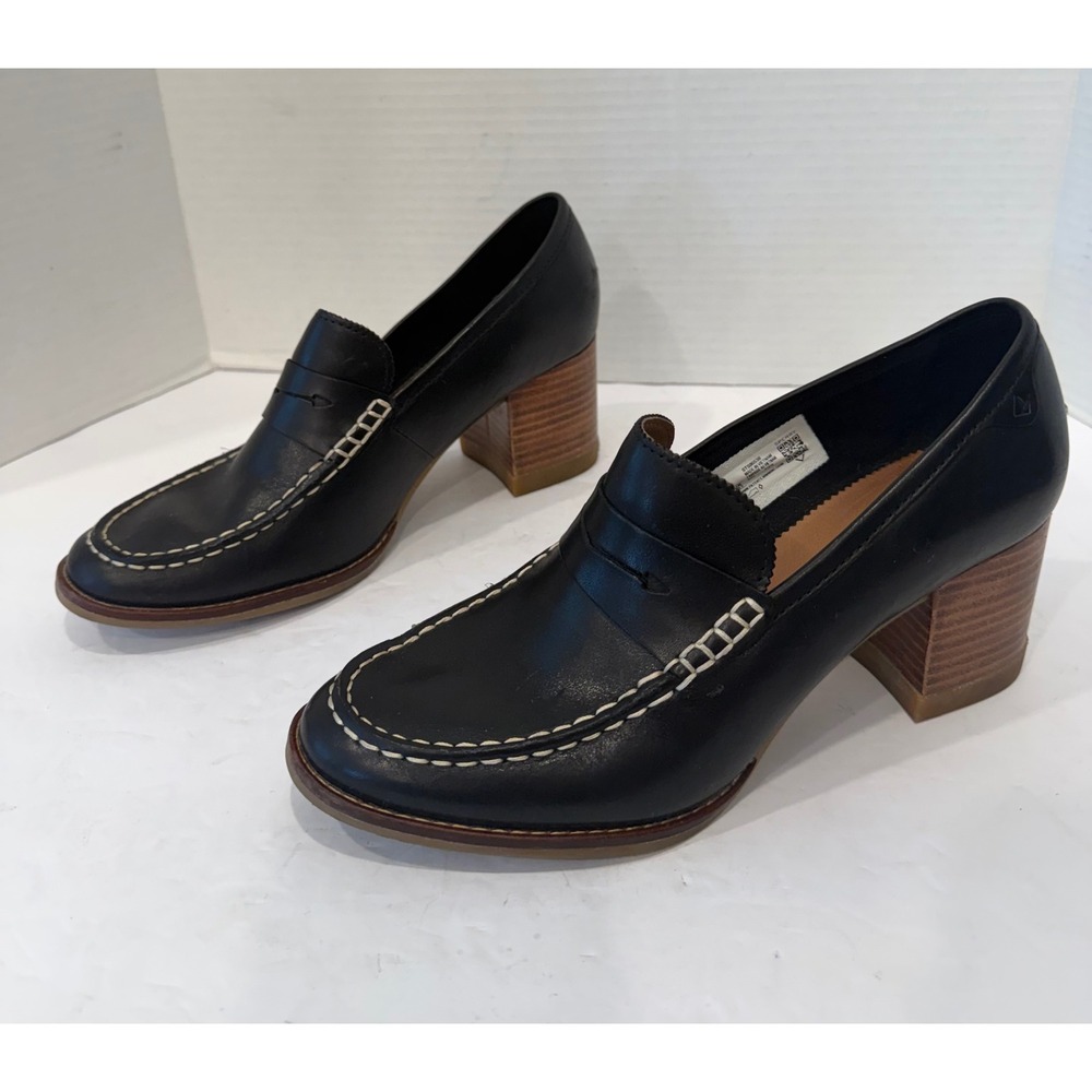 Sperry Top Sider Black Leather Seaport Penny Loafer Block Wood Heels 8.5